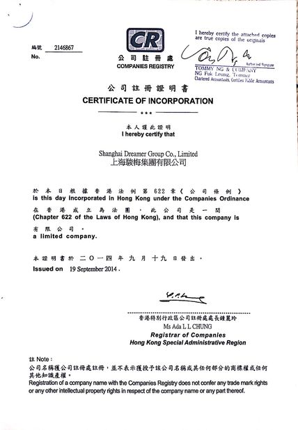 China Shanghai Dreamer Group Co., LTD Certificações
